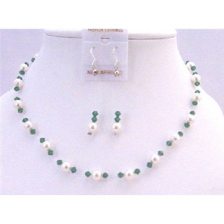 BRD832 Clover Green Crystals With White Pearls Swarovski Pearls & Crystals Necklace Set