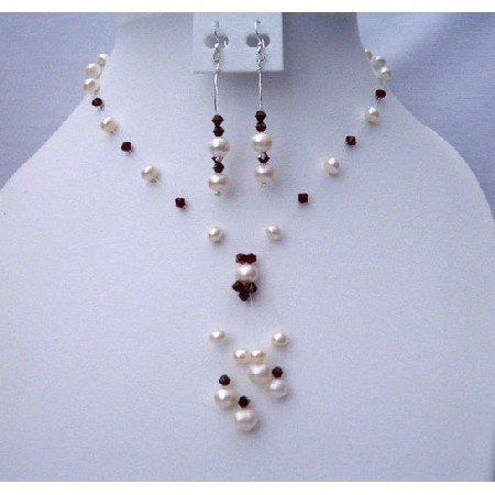 BRD371 Necklace Set Made Of Swarovski Dark Siam Red Crystals & Freshwater Pearls Jewelry