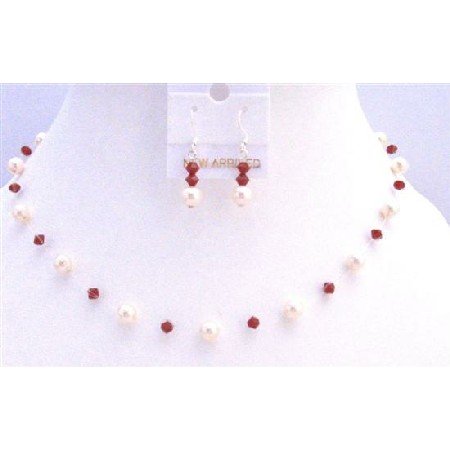 BRD830 Coral Swarovski Crystals With Ivory Pearls Jewelry Set Necklace Handcrafted Jewelry Set