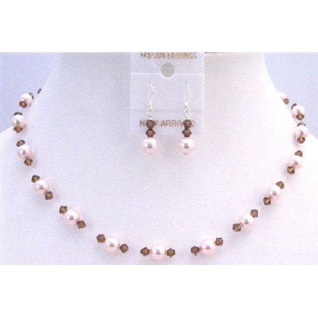 BRD872 Rose Pearls & Smoked Topaz Crystals Bridal Prom Bridemaids Jewelry Set
