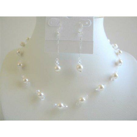 BRD636 White Pearls And Clear Crystals Necklace Set Bridal Bridemaides Wedding Jewelry Set