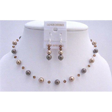 BRD864 Combo Bronze Pearls Brown Pearls & Smoked Topaz Crystals Handcrafted Jewelry Set