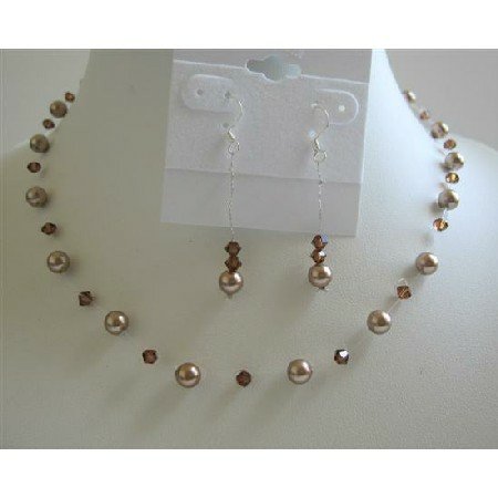 BRD638 Bronze Pearls Wedding Jewelry Set w/ Swarovski Smoked Topaz Crystals Necklace Set