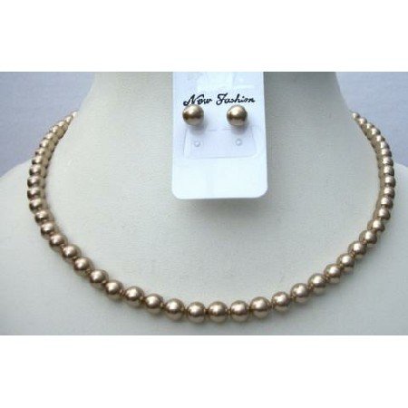 BRD345 Swarovski Bronze Necklace Set Stud Pearls Earrings 6mm Pearls Jewelry