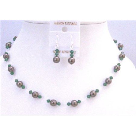 BRD880 Clover Green Swarovski Crystals w/ Chocolate Brown Wedding Jewelry Set