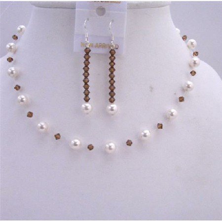 BRD610 Smoked Topaz Crystals w/ White Pearls Wedding Necklace & Earrings Jewelry Set