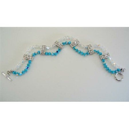 TB346 Swarovski Crystals AB Turquoise And AB Crystals 2 Strands Bracelet w/ Cubic Zircon Embeded