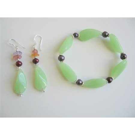 TB603 Fancy Green Glass Beads Steretchable Bracelet w/ Sterling Silver 92.5 Earrings