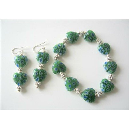 TB374 Heart Green Millefiori Venetian Glass Stretchable Bracelet w/ Sterling Silver Earrings