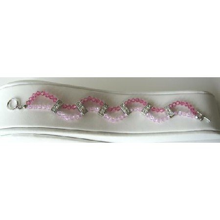 TB290 Swarovski Rose Rosaline Pink 2 Strands Bracelet w/ Cubic Zircon Embeded Rodium Spacer