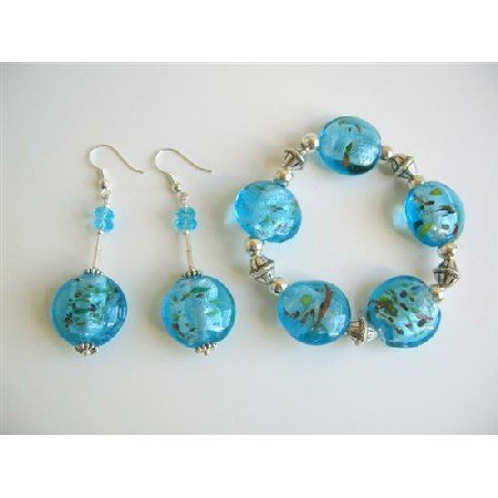 TB606 Murano Glass Flat Beads Stretchable Bracelet w/Sterling Silver 92.5 Earrings