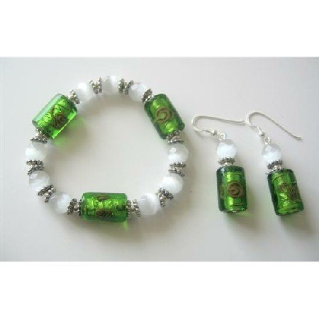 TB380 Multifaceted Opal Cat Eye And VENETIAN Murano Glass Stretchable Bracelet W/Earrings