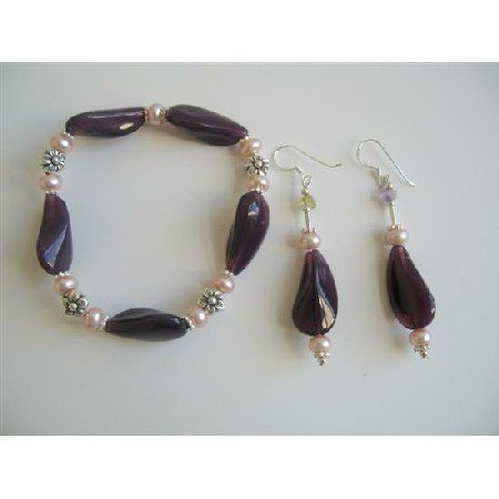 TB605 Amethyst Glass Beads Bracelet & Earrings w/ Freshwater Pearls & Bali Silver Fancy Bracelet