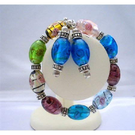TB327 Multi Murano Glass Stretchable Bracelet With Sterling Silver Earrings Jewelry