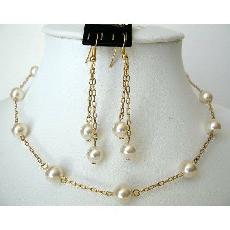 BRD227 Wedding Jewelry 22k Gold Plated Swarovski Cream Pearls Handcrafted Set