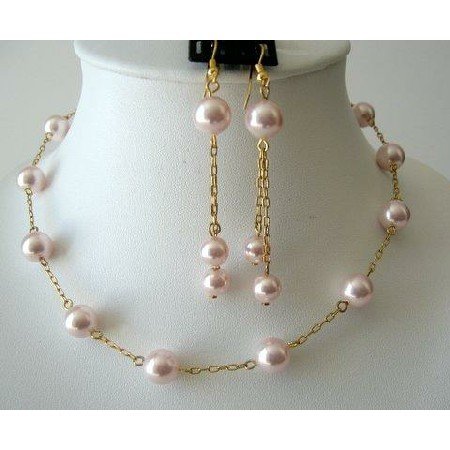 BRD225 Romantic Jewelry Set Rosaline Swarovski Pearls Chain 22k Gold Plated