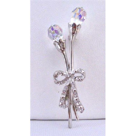 B276 AB Crystals Teardrop Brooch Tulip Brooch w/ LOng Stem & Bow Tulip Brooch