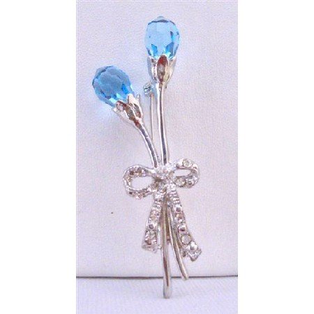 B277 Aquamarine Crystals Two Teardrop Tulip Brooch Stem & Bow Tulip Brooch