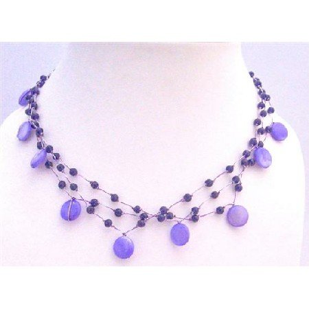 N291 Three Stranded Amethyst Necklace Shell And Fancy Beads Choker Necklace