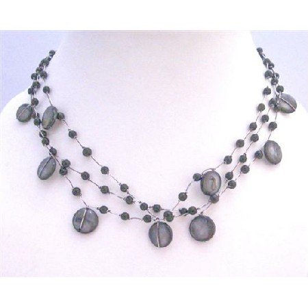 N303 Funky Striking Stunning Necklace Three Stranded Black Shell Black Beads Necklace