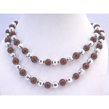 N333 Long Pearls Necklace Brown Pearls Multifaceted Beads Fancy Beads Long Necklace