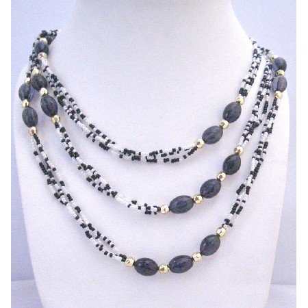 N321 Black White Lucite Beads Long Necklace w/ Gold Beads Spacer Long Necklace