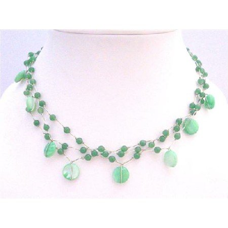 N308 Beautiful Jade Necklace Green Shell w/ Green Fancy Beads Choker Necklace