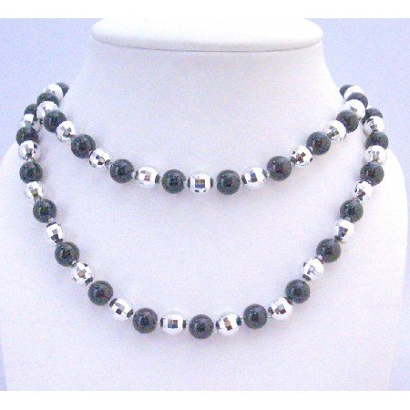 N328 Fancy Fashionable Beads Long Necklace Black Pearls Multifaceted Bead Long Necklace