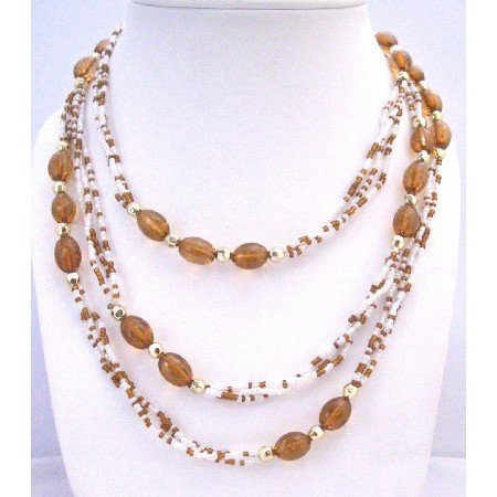 N306 Brown White Beads 2 or 3 Stranded Necklace w/ Gold Beads Spacer Long Necklace