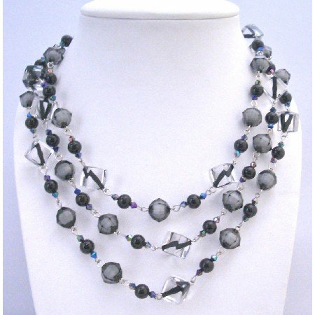 N331 Black Pearls Black Diamond Clear Crystals Long Necklace 60 Inches Long Necklace