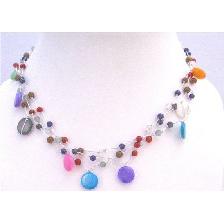 N311 Fancy Multi Beads Multi Shell Summer Necklace Three Stranded Choker Necklace
