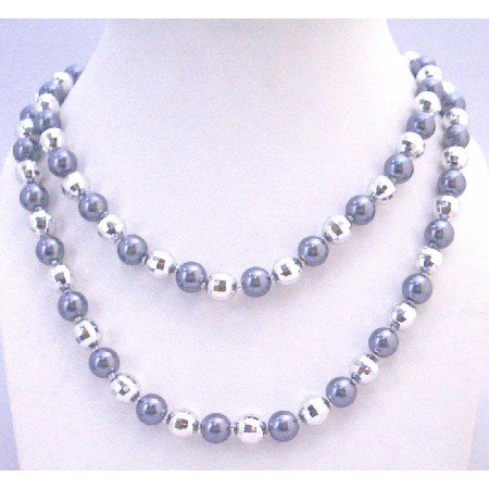 N334 Classy Beads Long Grey Pearls Necklace Multifaceted Beads Long Necklace