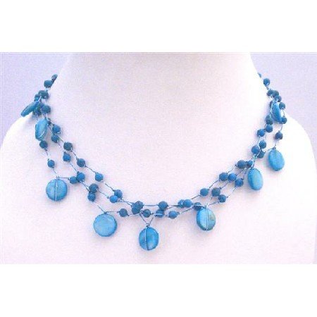 N297 Turquoise Shell Fancy Beads Three Stranded Choker Necklace