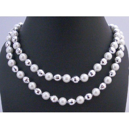 N326 White Pearls Multifaceted Bead Long Necklace 64 Inches Long Necklace