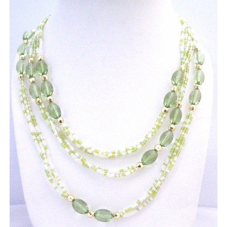 N296 Green Fancy w/ Tiny White Beads Long Long Fancy Lucite Beads Long Necklace