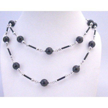 N319 Fancy Summer Necklace Black Pearls Black Pipe Silver Beads Long Necklace 56 Inches Necklace
