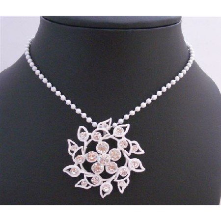N347 Summer Long Necklace White Beaded w/ Flower Pendant Decorated Rhinestones