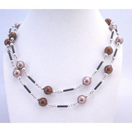 N305 Long Necklace Brown Lavender Pearls w/ Fancy Black Pipe & Silver Beads 56 Inches Necklace