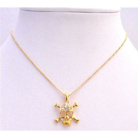 N337 Gold SKull Pendant Necklace Pendant Embedded CZ Skull Necklace