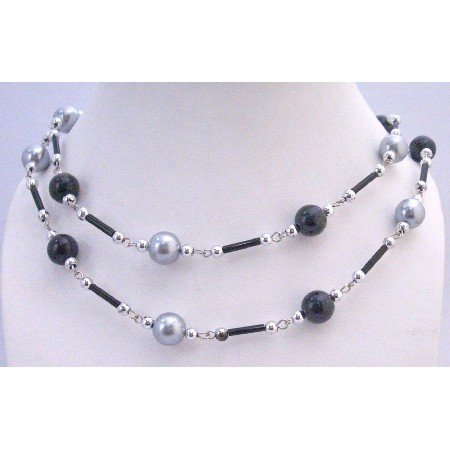 N323 Grey Black Pearls Long Summer Necklace Fancy Beads 56 Inches Affordable Long Necklace