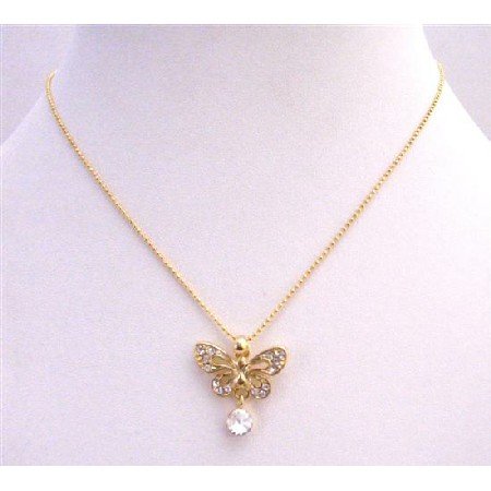 N374 Butterfly Gold Pendant Fully Embedded w/ Cubic Zircon & CZ Stud Dangling Gold Chain Necklace
