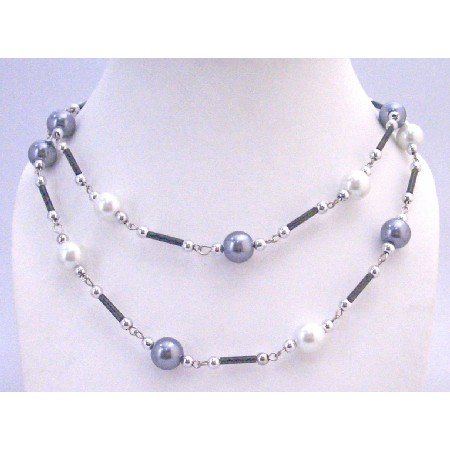 N335 White Grey Pearls Summer Necklace Fancy Beads 56 Inches Inexpensive Long Necklace