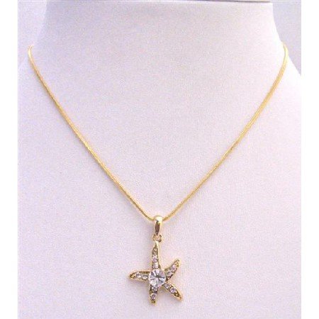 N372 Gold Pendant Star Flower Embedded w/ Cubic Zircon & Cz Stud In The Center Necklace