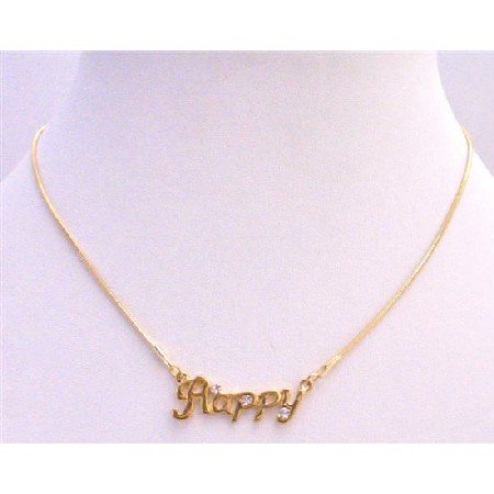 N340 Gold Happy Pendant Decorated w/ Cubic Zircon Gold Chain Necklace