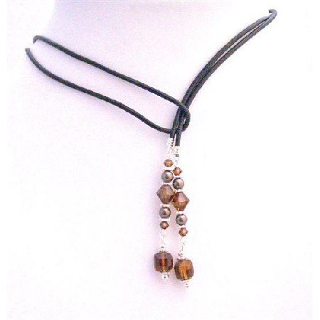N420 Lariat Jewelry Neckalce w/ Genuine Swarovski Brown Peach Smoked Topaz Cube Crystals
