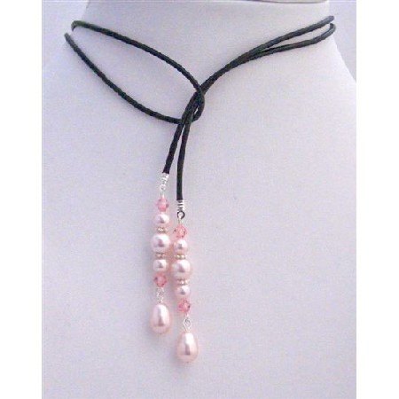 N384 Rosaline Pearls Customize Lariat Necklace Swarovski Rosaline Teardrop Necklace