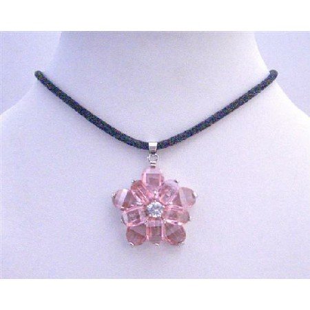 N485 Sunflower Pendant Pink Crystals Flower Pendant w/ Black Velvet Cord Necklace