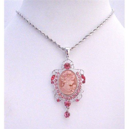 N704 Rose Pink Sparkling Crystals Victorian Lady Cameo Pendant Necklace w/ Dangling Necklace