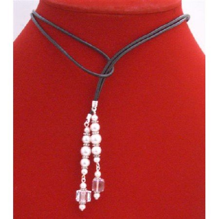 N324 White Pearls Lariat Necklace w/Swarovski Cube Clear Crystals Bali Silver Spacer Necklace