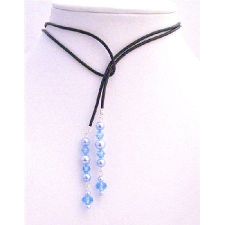 N351 Aquamarine Crystals Lariat Necklace w/ Genuine Swarovski Blue Pearls Necklace